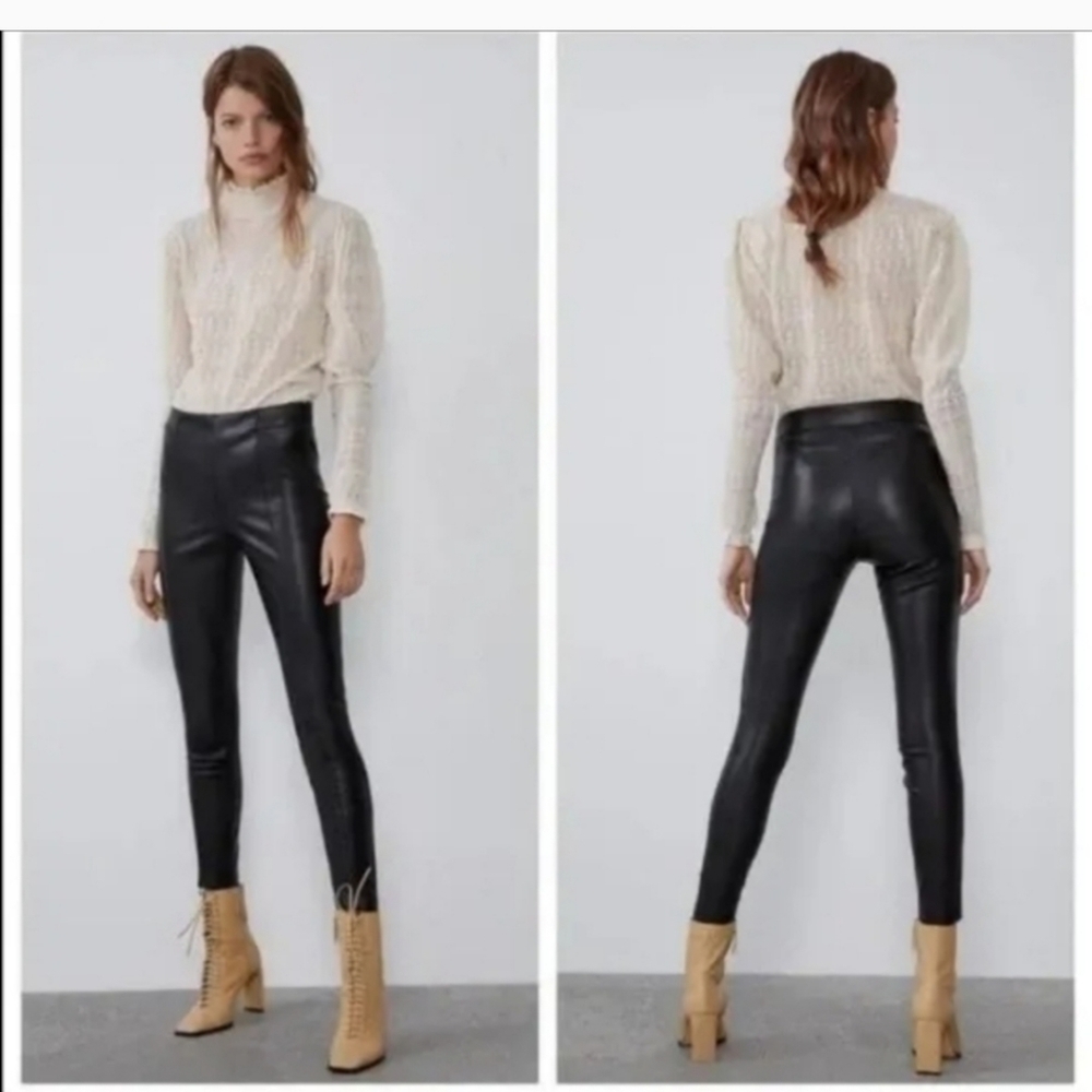 Zara Vegan Leather Legging Pants Size Small Black Ankle Zip